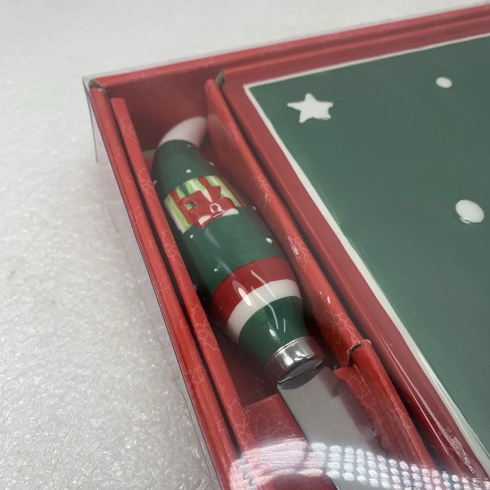 Vintage Ceramic Christmas Cheese Title Set Knife Green Board Gift, NEW